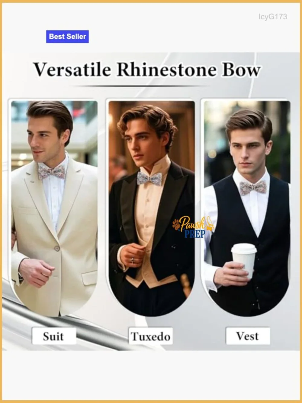 Rhinestone Sparkle Bow Tie for Men, Adjustable Pre-tied Wedding Party Prom